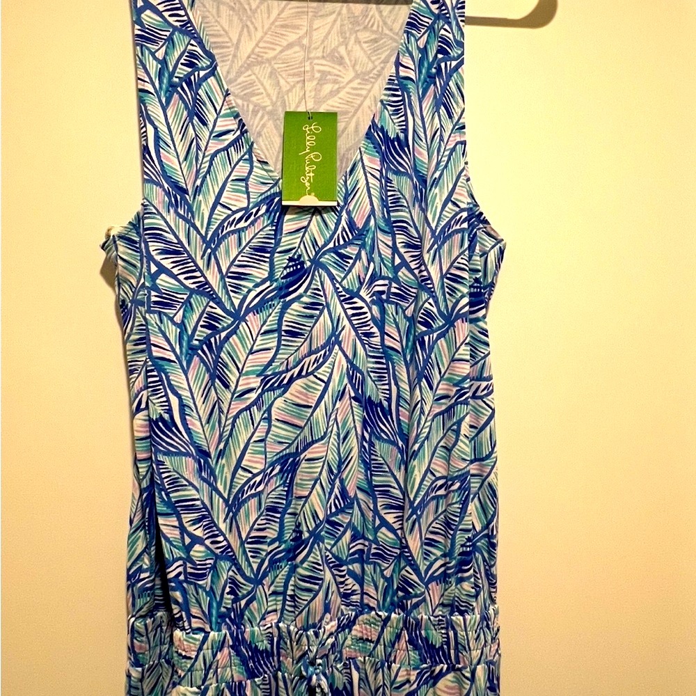 Blue and Green Leaf Print Sleeveless pant romper